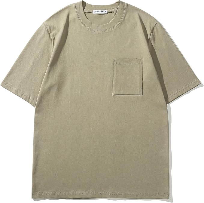 VEIISAR Men's Loose Fit Heavyweight Short-Sleeve Pocket Grey T-Shirt - Image 2
