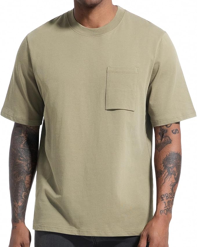 VEIISAR Men's Loose Fit Heavyweight Short-Sleeve Pocket Grey T-Shirt