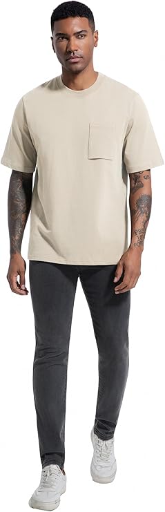 VEIISAR Men's Loose Fit Heavyweight Short-Sleeve Pocket Beige T-Shirt - Image 2