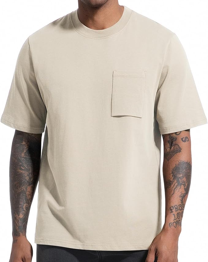 VEIISAR Men's Loose Fit Heavyweight Short-Sleeve Pocket Beige T-Shirt