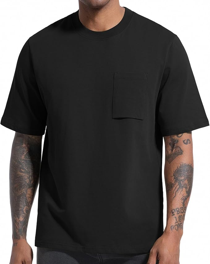 VEIISAR Men's Loose Fit Heavyweight Short-Sleeve Pocket Black T-Shirt