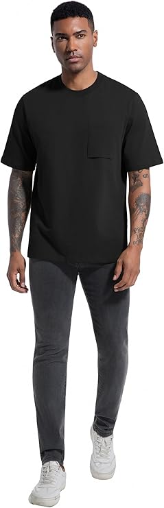 VEIISAR Men's Loose Fit Heavyweight Short-Sleeve Pocket Black T-Shirt - Image 2