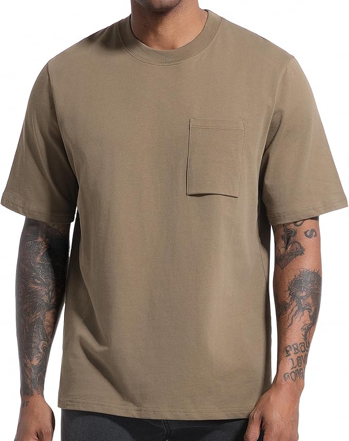 VEIISAR Men's Loose Fit Heavyweight Short-Sleeve Pocket Bronze T-Shirt