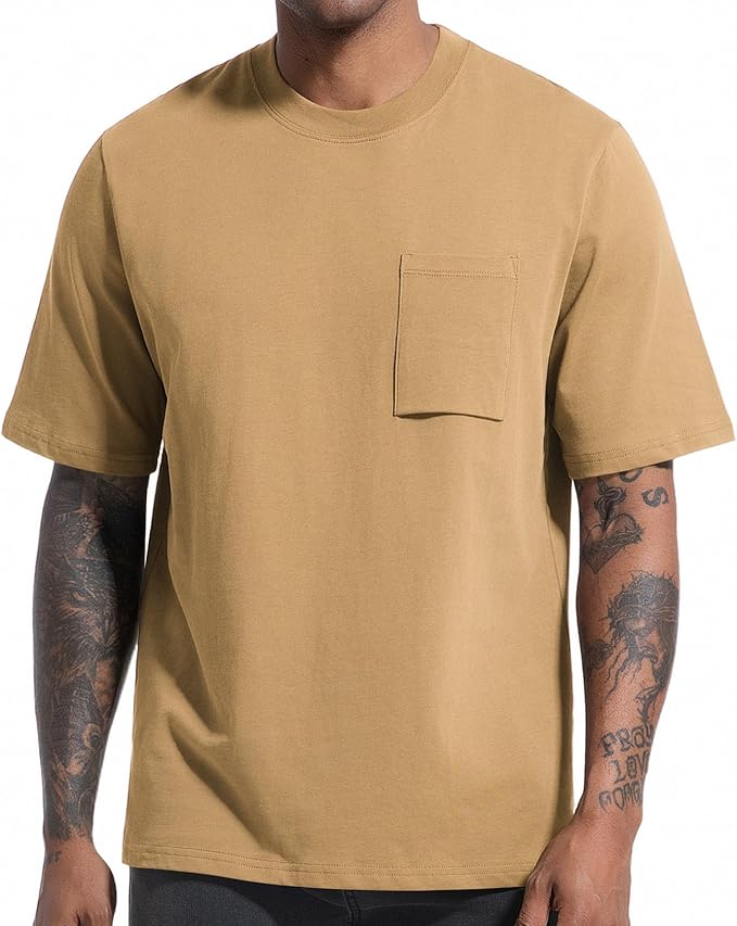 VEIISAR Men's Loose Fit Heavyweight Short-Sleeve Pocket Khaki T-Shirt