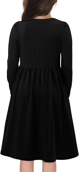 Girls Casual Long Sleeve Dress A Line Flowy Swing Dresses with Pockets (Black) - Image 3