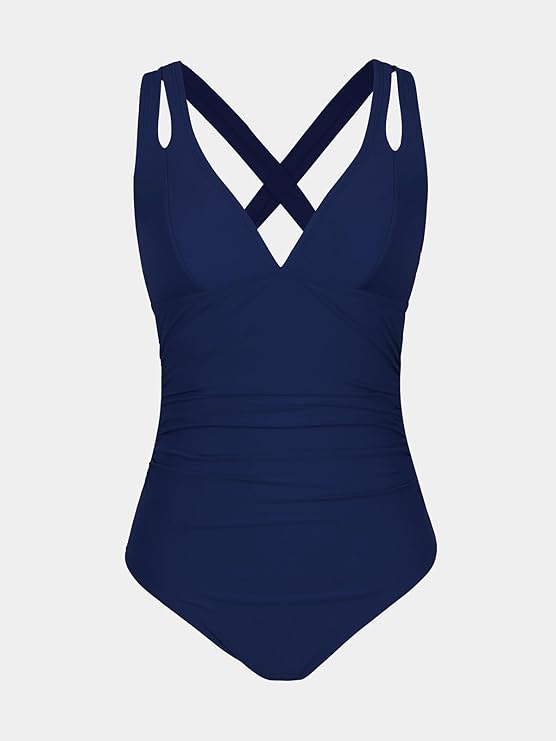 CUPSHE Women's One Piece Swimsuit Tummy Control Deep V Neck Double Straps Crisscross Back Tie Bathing Suit(Dark Blue) - Image 3