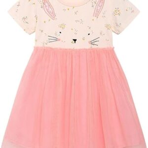 Little Girls Cotton Dresses Flutter Short Sleeve Summer Dress(Tutu-rabbit Pink)