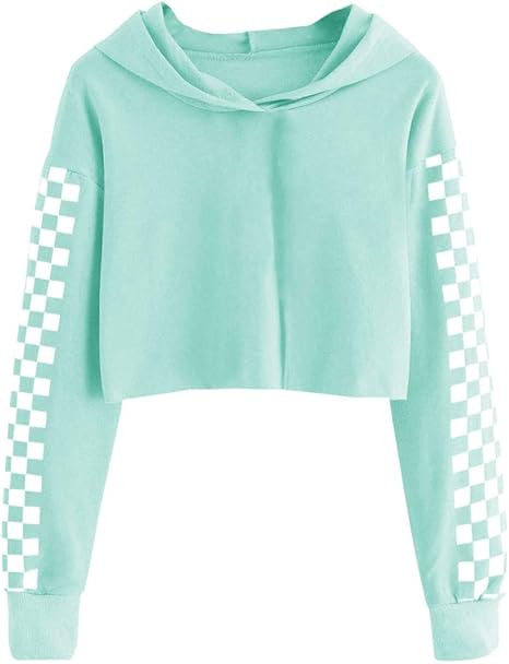 Bela Kids Crop Tops Girls Hoodies Cute Plaid Long Sleeve Fashion Sweatshirts(Light Blue) - Image 3