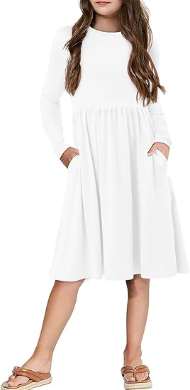 Girls Casual Long Sleeve Dress A Line Flowy Swing Dresses with Pockets (White) - Image 5