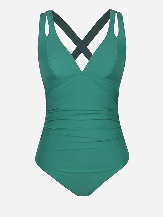 CUPSHE Women's One Piece Swimsuit Tummy Control Deep V Neck Double Straps Crisscross Back Tie Bathing Suit(Green) - Image 2
