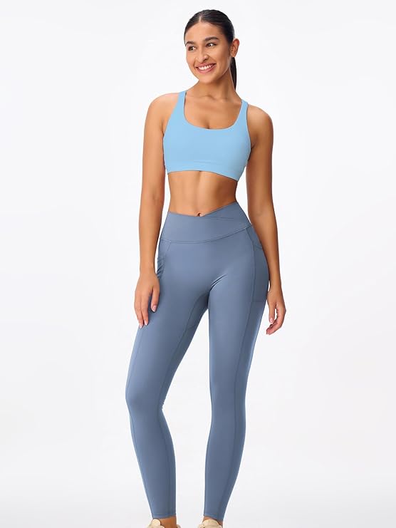 Women's Strappy Sports Bras Light Compression Crop Criss Cross Back Padded Workout Yoga Bra Supportive U Neckline( Light Blue) - Image 2