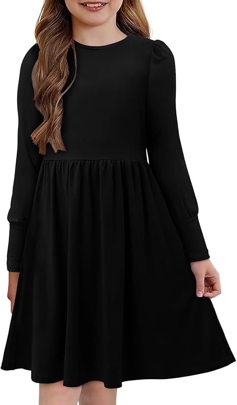 Girls Casual Long Sleeve Dress A Line Flowy Swing Dresses with Pockets (Black) - Image 4