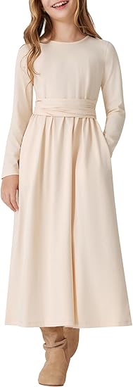 Dress Long Sleeve Crossed Belt Dress with Pockets for Fall Winter Spring(Beige)