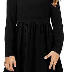 Girls Casual Long Sleeve Dress A Line Flowy Swing Dresses with Pockets (Black)