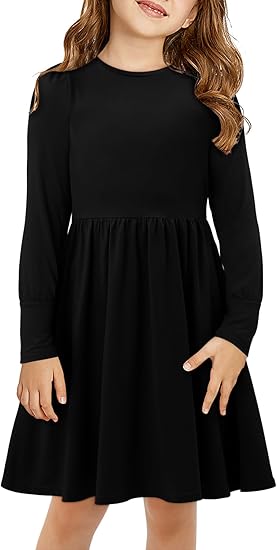 Girls Casual Long Sleeve Dress A Line Flowy Swing Dresses with Pockets (Black)
