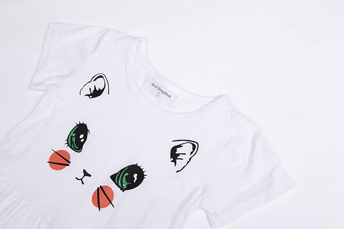 Little Girls Dresses Cotton Summer Holiday Cute Cat Dress Short Sleeve (White) - Image 3