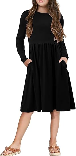 Girls Casual Long Sleeve Dress A Line Flowy Swing Dresses with Pockets (Black) - Image 5