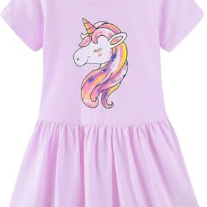 Mud Kingdom Cute Girls Unicorn Dresses Cotton Summer Short Sleeve(Unicorn S-purple)