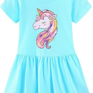 Mud Kingdom Cute Girls Unicorn Dresses Cotton Summer Short Sleeve(Unicorn S-blue)