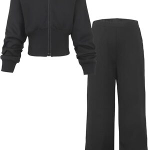 Girls 2 Piece Outfits Hoodie Zip Drop Shoulder Sweatshirt and Sweatpants Set with Pockets Sweatsuit Fall Clothes(Black)