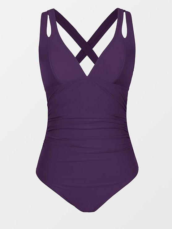 CUPSHE Women's One Piece Swimsuit Tummy Control Deep V Neck Double Straps Crisscross Back Tie Bathing Suit(Dark Purple) - Image 5