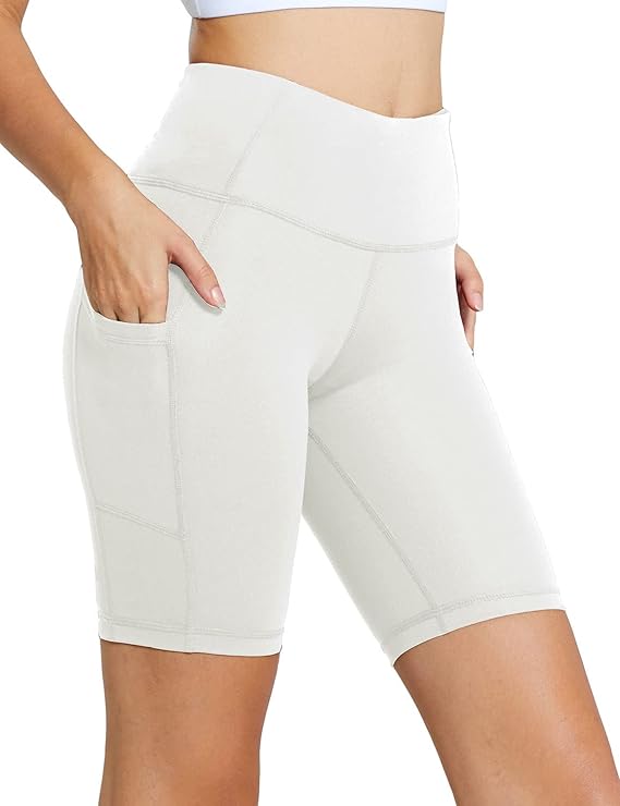 baleaf Women's 8" Biker Shorts High Waist Yoga Workout Gym Running Volleyball Spandex Shorts with Pockets(White-classic)
