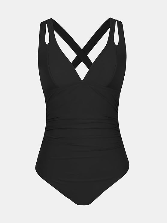 CUPSHE Women's One Piece Swimsuit Tummy Control Deep V Neck Double Straps Crisscross Back Tie Bathing Suit( Black) - Image 3