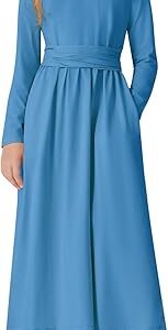 Dress Long Sleeve Crossed Belt Dress with Pockets for Fall Winter Spring(Blue)