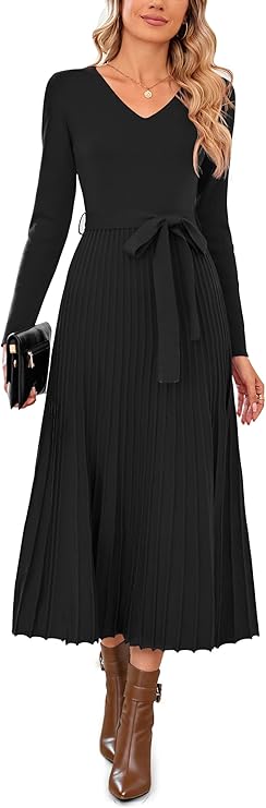 Arach&Cloz Women's Wool Blend Tie Waist Pleated Fall Sweater Dress(Black)