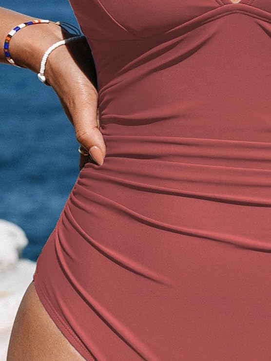 CUPSHE Women's One Piece Swimsuit Tummy Control Deep V Neck Double Straps Crisscross Back Tie Bathing Suit(Brick Red) - Image 3