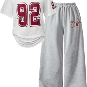 SOLY HUX Girl's Sporty Outfits Number Graphic Jersey Shirt and Baggy Sweatpants Suit 2 Piece Set(White and Grey)