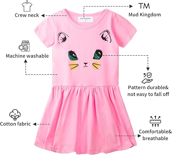 Little Girls Dresses Cotton Summer Holiday Cute Cat Dress Short Sleeve (pink) - Image 3