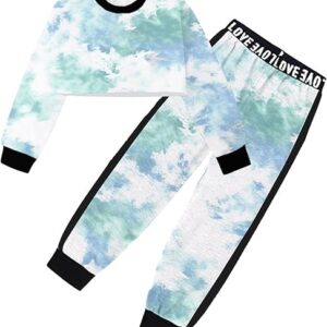 Girls 2 Piece Outfits Girls Cropped Sweatsuit Pants Outfit Clothes Set(Blue Mist)