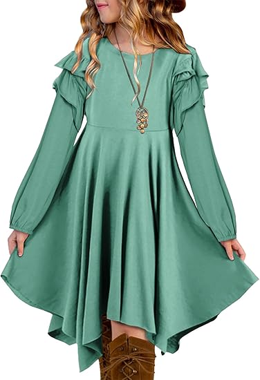 Girls Long Sleeve High Low Dresses Tween Cute Swing Dress (Light green)