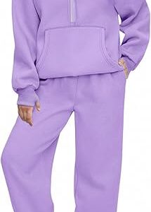 Girls 2 Piece Outfits Tracksuit Drop Shoulder Hoodie Half Zip Sweatshirt and Sweatpants Joggers Set with Pockets(Purple)
