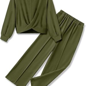 Girls 2 Piece Outfits Sweatsuit Set Twist Front Sweatshirt Wide Leg Sweatpants Tracksuit with Pockets(Green)