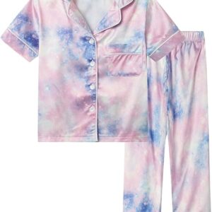 Mud Kingdom Little Girl Satin Silk Pajamas Set Short Sleeve Button Down 2 Piece Summer Loungewear(Cosmic starry sky)