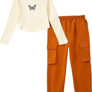 Teen Girls Trendy Preppy Clothes Fall Winter Outfits Long Sleeve Crop Top Cargo Pants Clothing Set (Brown)