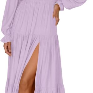 ZESICA Women's Boho Sexy Off Shoulder Long Sleeve Long Maxi Dress(Purple)