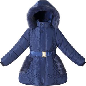 Winter Jacket Coat with Fur Hood Size 4-10 Warm Fleece Lined Puffer Outwear(Dark blue )