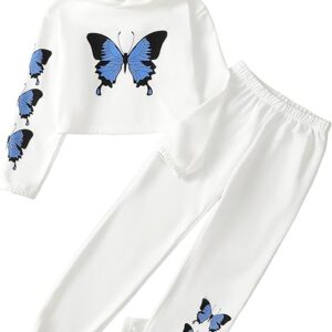 Girls' Clothing Set Butterfly Print Crop Top Hoodies Sweatpants(White)