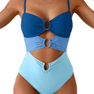 Eomenie One Piece Swimsuit for Women Ring Linked Monokini Sexy Bathing Suit Cutout Swim Suit(Blue Color Block)