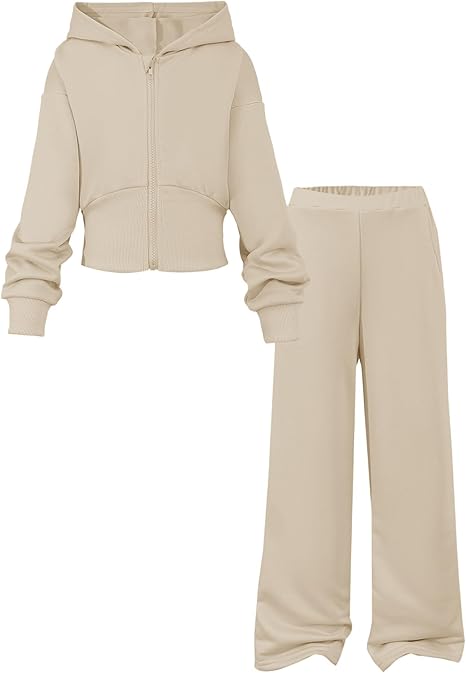 Girls 2 Piece Outfits Hoodie Zip Drop Shoulder Sweatshirt and Sweatpants Set with Pockets Sweatsuit Fall Clothes(Khaki) - Image 2