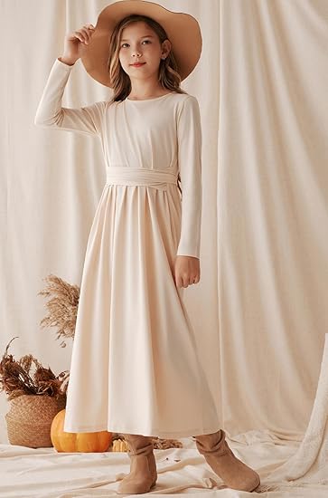 Dress Long Sleeve Crossed Belt Dress with Pockets for Fall Winter Spring(Beige) - Image 4
