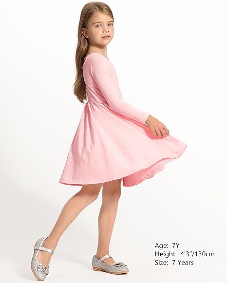Long Sleeve Girls Dress Toddler White Dresses Skater Twirl Cotton A-Line Dress for School Casual(Pink) - Image 5
