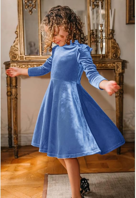 Girls Velvet Dress Ruffled Long Sleeve Casual Spring Fall Dress Princess Christmas Party Dress Winter Outfits (Light blue) - Image 3