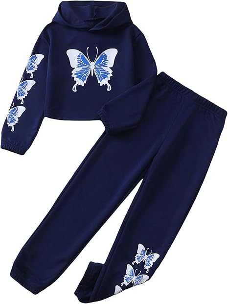 Girls' Clothing Set Butterfly Print Crop Top Hoodies Sweatpants(Black)