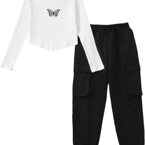 Teen Girls Trendy Preppy Clothes Fall Winter Outfits Long Sleeve Crop Top Cargo Pants Clothing Set (white)