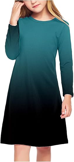 Girls Dress Kids Long Sleeve Solid Color Casual T-Shirt Dress(Navy Blue)