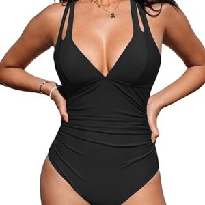 CUPSHE Women's One Piece Swimsuit Tummy Control Deep V Neck Double Straps Crisscross Back Tie Bathing Suit( Black)